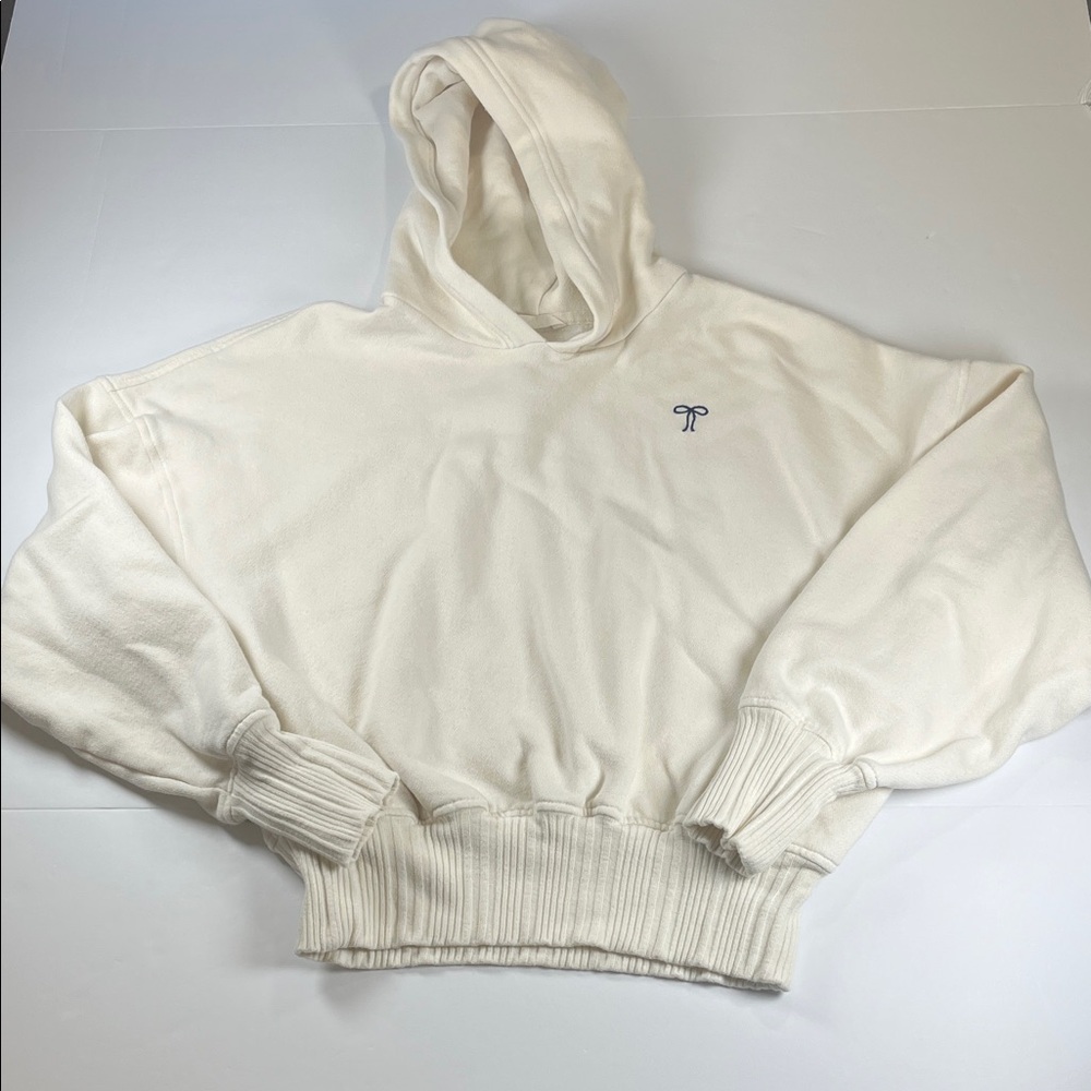 Aerie Cream Hooded Sweatshirt with Embroidered Bow Sz S